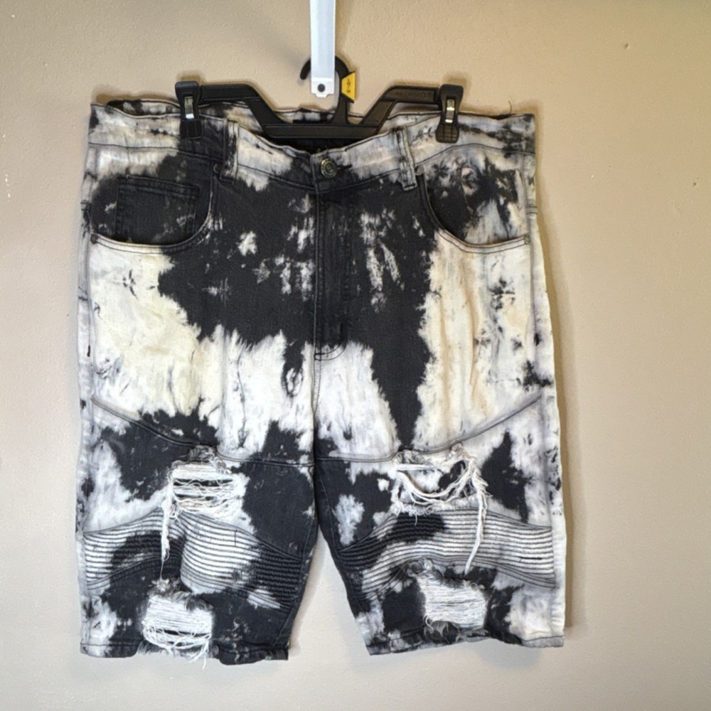 MCMXXXIII Men's Black White Tie-Dye Distressed Denim Jean Shorts 5-Pocket Button